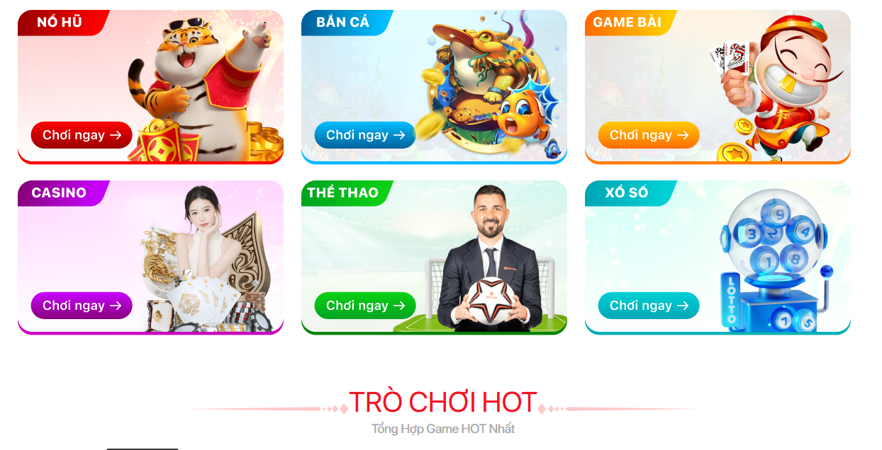 Các danh mục trò chơi nổi bật gồm nổ hũ, bắn cá, game bài, casino, thể thao và xổ số