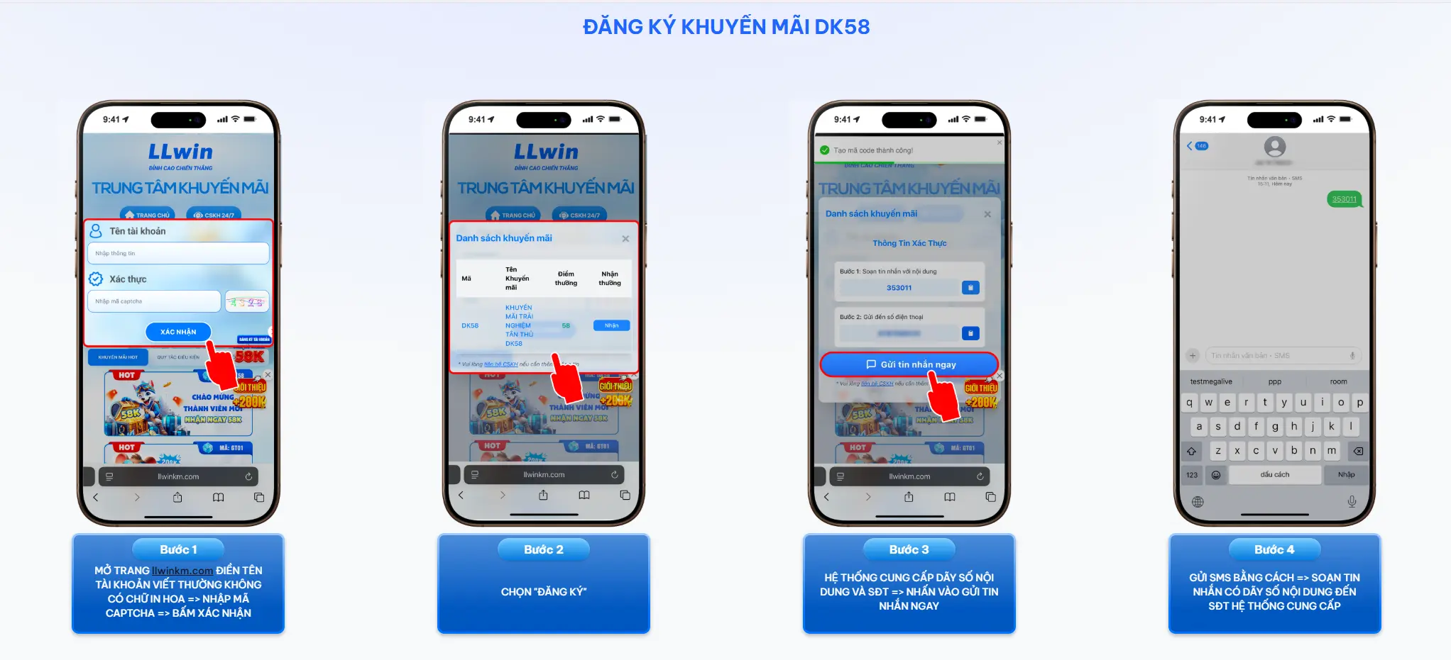 Bốn bước đăng ký khuyến mãi DK58 trên LLwin